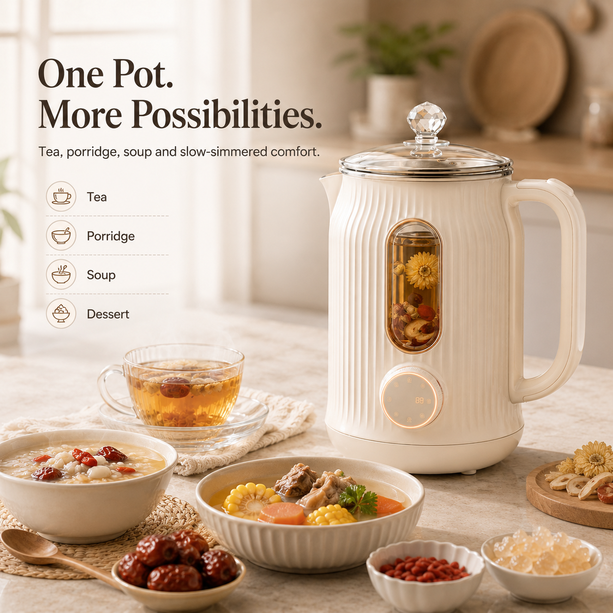 Elegant Frosted Glass Health Pot – 24H Keep Warm, Anti-Dry Burning, Multi-Functional for Nourishing Soup, Herbal Tea & Daily Healthy Living.🌻