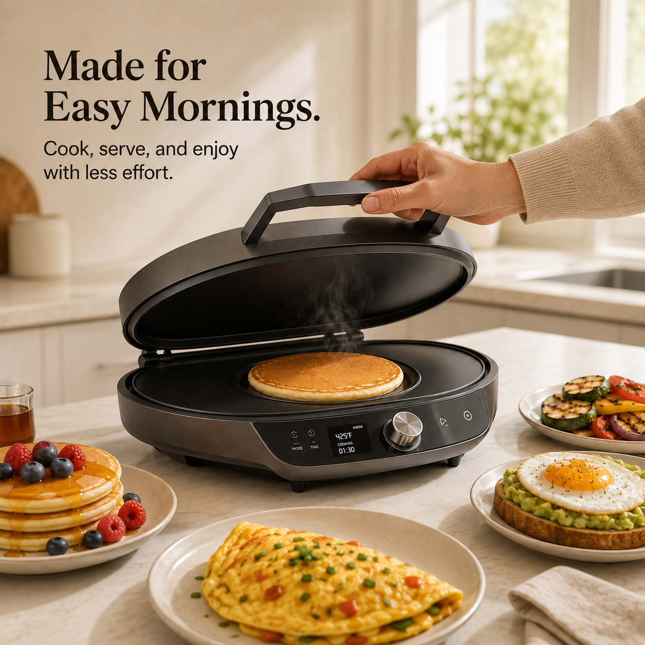 Dual-Sided Non-Stick Electric Pancake Maker – Fast Heating, Temperature Adjustable, Compact Design for Breakfast, Snacks & Daily Home Cooking. 🌿