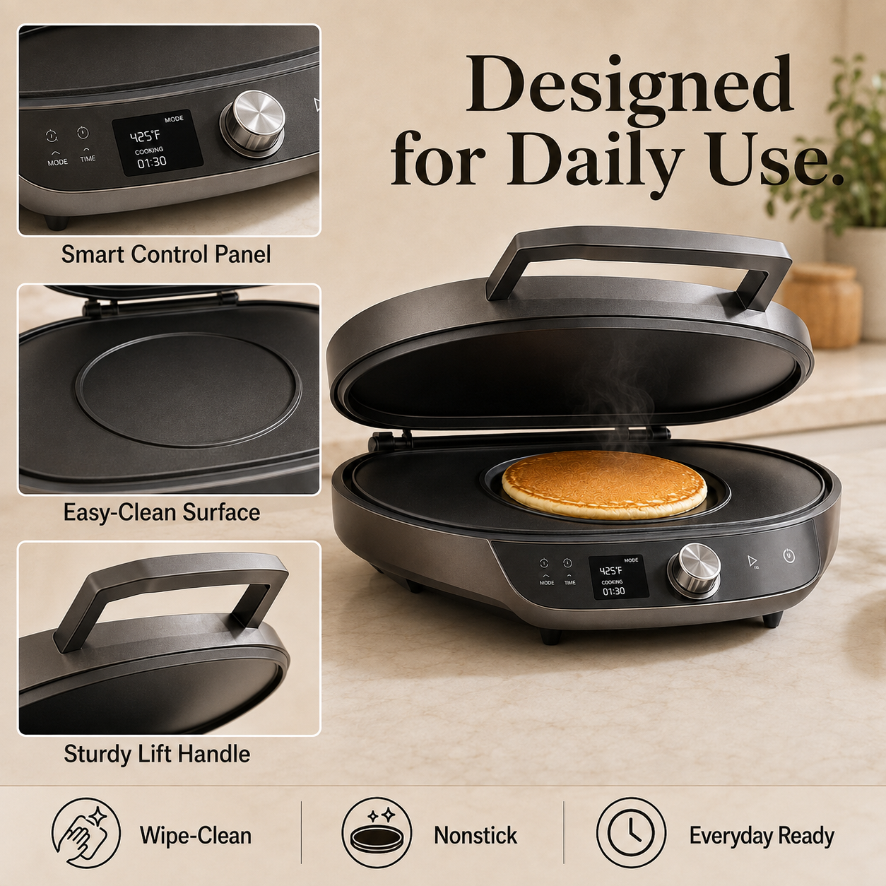 Dual-Sided Non-Stick Electric Pancake Maker – Fast Heating, Temperature Adjustable, Compact Design for Breakfast, Snacks & Daily Home Cooking. 🌿