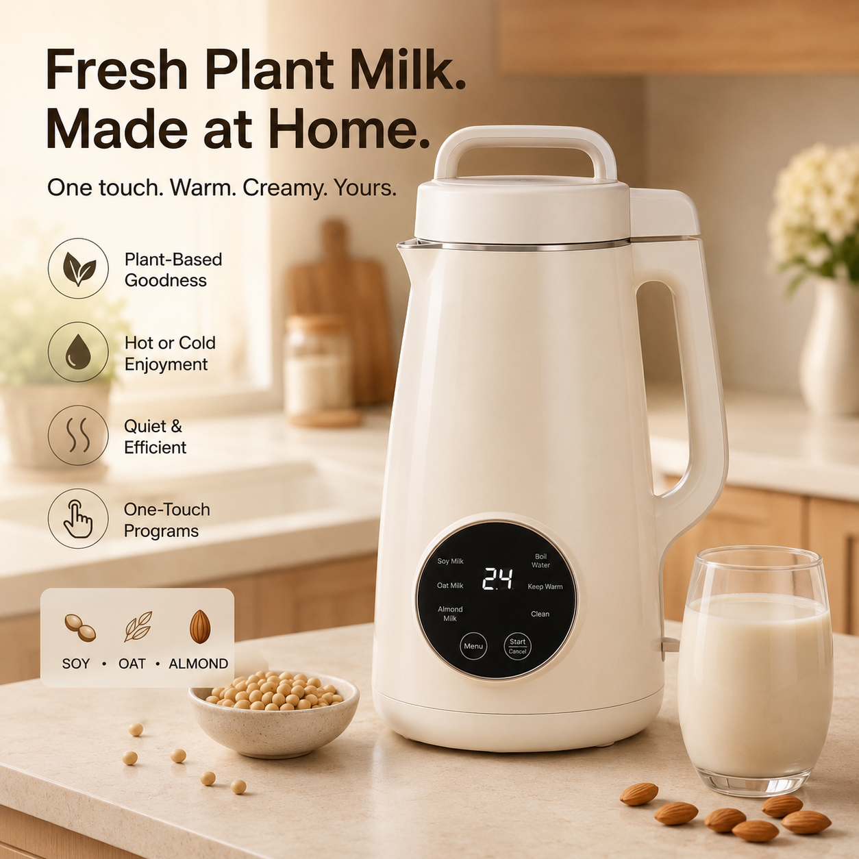12-in-1 Quiet Soy Milk Maker with Smart Self-Cleaning & Nutrient-Lock Tech – BPA-Free, No-Soak Dry Bean Processing for Healthy Homemade Plant Milk.✨