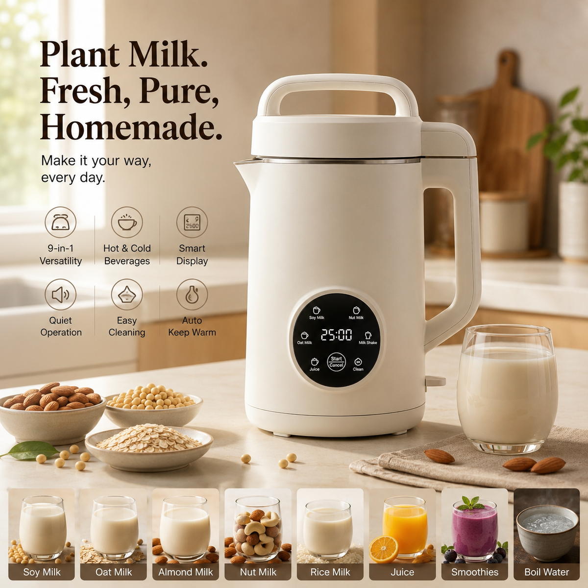 12-in-1 Quiet Soy Milk Maker with Smart Self-Cleaning & Nutrient-Lock Tech – BPA-Free, No-Soak Dry Bean Processing for Healthy Homemade Plant Milk.✨