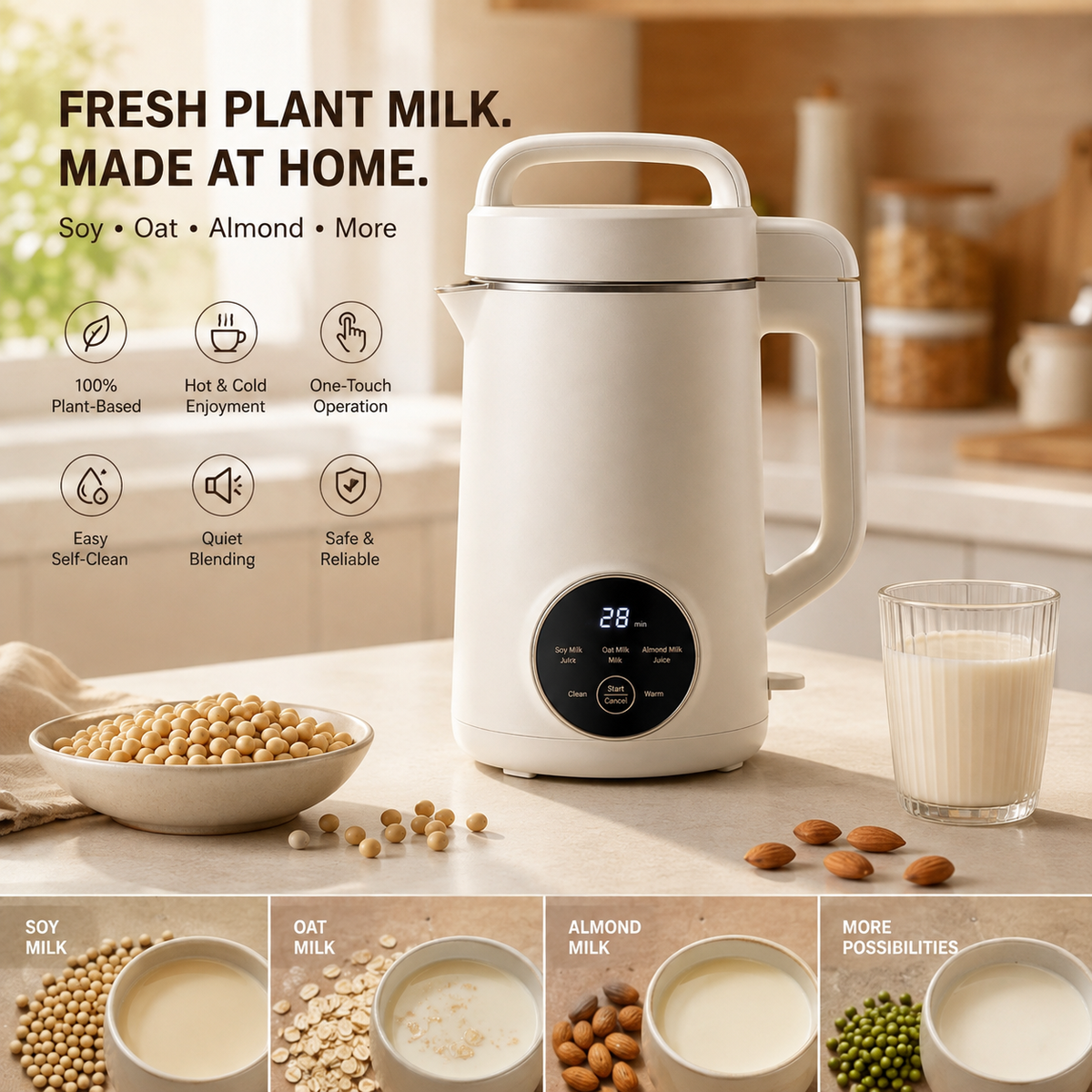 12-in-1 Quiet Soy Milk Maker with Smart Self-Cleaning & Nutrient-Lock Tech – BPA-Free, No-Soak Dry Bean Processing for Healthy Homemade Plant Milk.✨